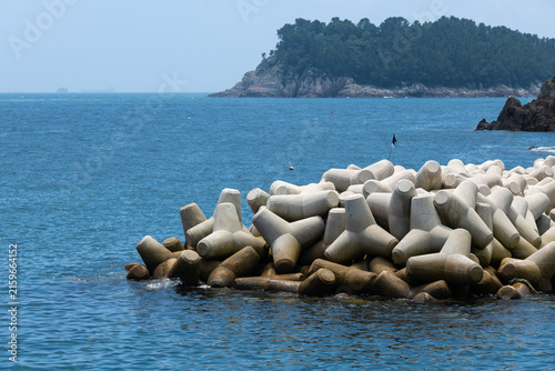 Concrete Tetrapod Wave Barrier on Coastal Jetty Before Forested Island