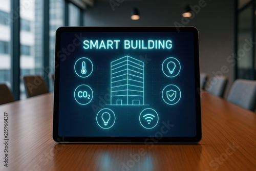 Professional smart building interface on tablet screen. Holographic control panel displays icons for temperature, lighting, and security in futuristic, modern office meeting room