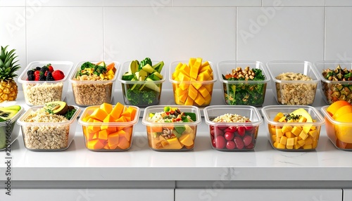 Colorful meal prep containers with fresh healthy food.