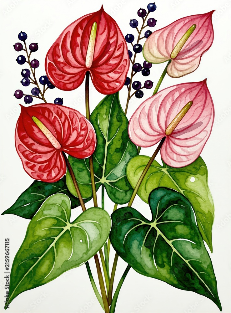 Fototapeta premium Watercolor painting of red, pink anthurium flowers with green leaves, dark berries. Botanical hand drawn art on white background. Tropical floral bouquet design elements for stationery wedding cards