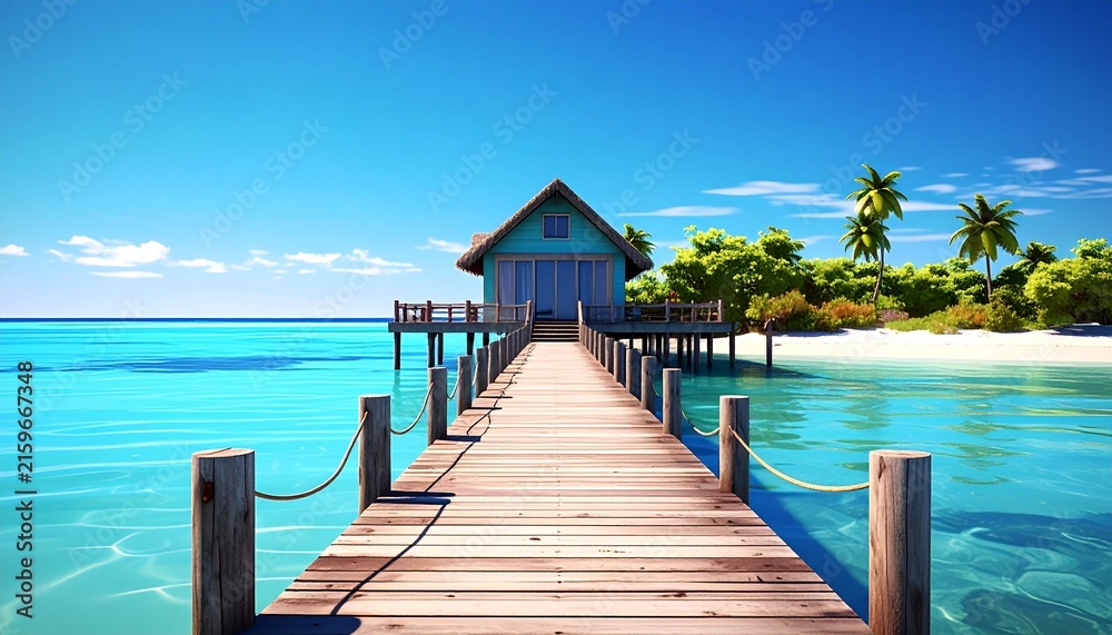 Fototapeta premium Tropical Wooden Pier Leading to Beach Hut Over Clear Water.