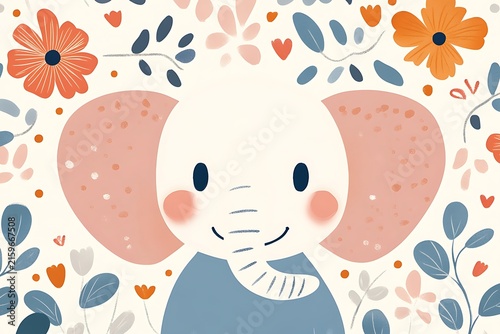 Playful elephant surrounded by blooming flowers