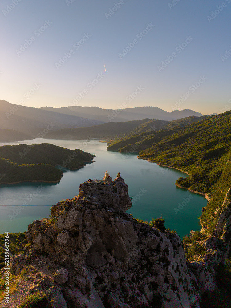 Fototapeta premium Breathtaking views of Bovilla Reservoir in Albania at sunset