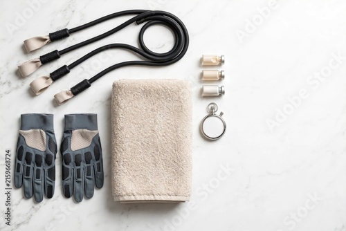 Grooming Essentials: Soap, Gloves, and Toiletries on Marble