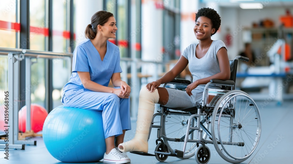 Fototapeta premium Healthcare provider and patient discuss recovery in rehabilitation facility.