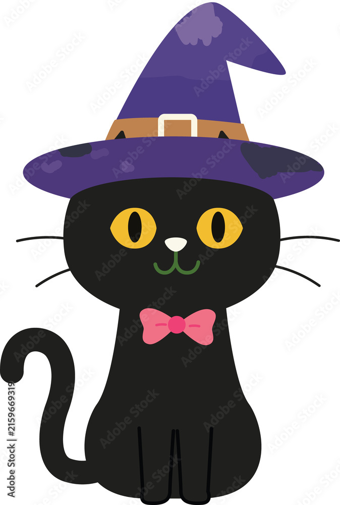 Fototapeta premium Cute Black Cat Wearing Purple Witch Hat and Pink Bow