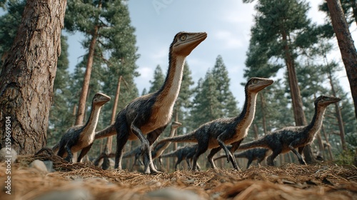 Prehistoric Pack: A group of small, bipedal dinosaurs, possibly Compsognathus, cautiously navigate a sun-dappled forest floor, their slender bodies and alert postures hinting at a world long past.