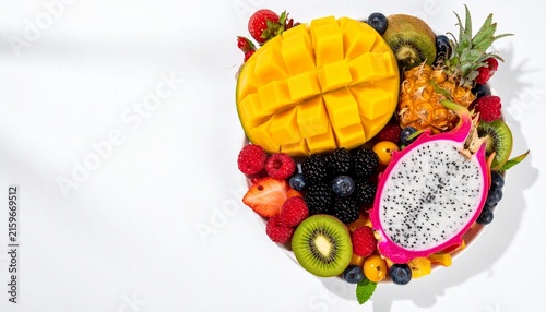 Colorful tropical fruit arrangement on white background.