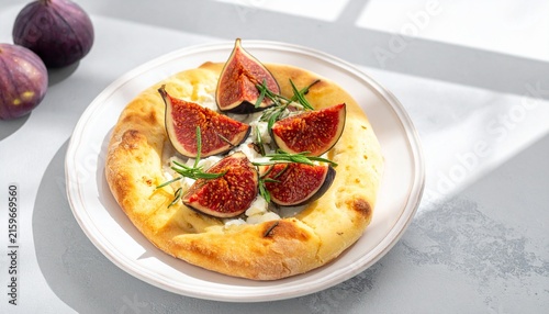 Fresh Fig and Cheese Flatbread on White Plate.