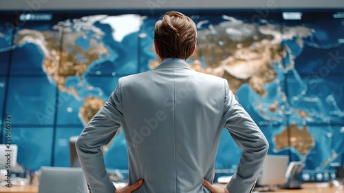 Global Strategy Session: A businessman in a sharp suit stands with his back to the camera, contemplating a large, illuminated world map displayed on a modern digital screen.