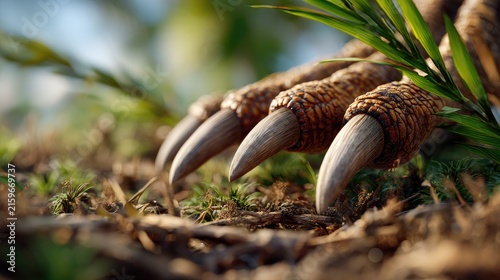 Dinosaur Claw on Forest Floor: A close-up shot reveals the sharp, powerful claw of a dinosaur resting on the earthy forest floor, surrounded by lush greenery, evoking ancient times.