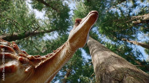 Ancient Forest Dweller: A close-up, low-angle shot reveals the textured scales and elongated neck of a dinosaur as it looks up through a canopy of towering ancient trees.