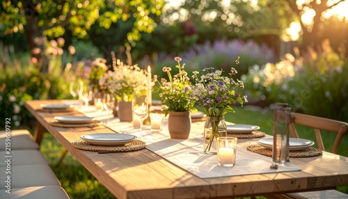 Outdoor Garden Dinner Table Setting with Flowers and Candles.