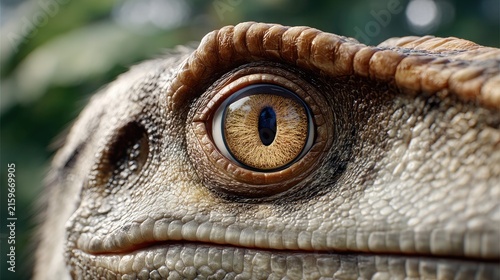 Dinosaur Eye Close-up: An intense, captivating close-up of a dinosaur's eye, revealing intricate details of its reptilian scales and ancient gaze, evoking a sense of primal power.