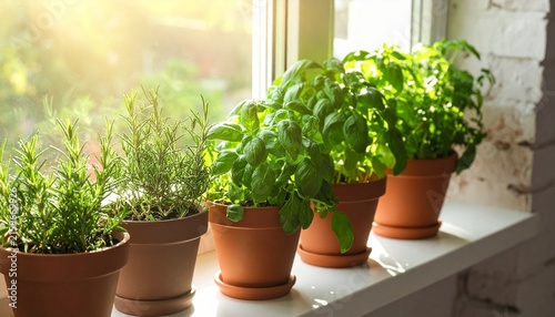 Sunlit potted herbs on a windowsill in a cozy kitchen.