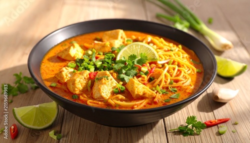 Spicy Thai Coconut Curry Noodle Soup with Tofu and Lime.