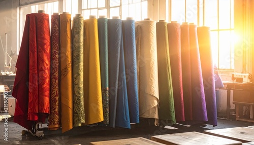 Colorful Fabric Rolls in Sunlit Industrial Workshop.
