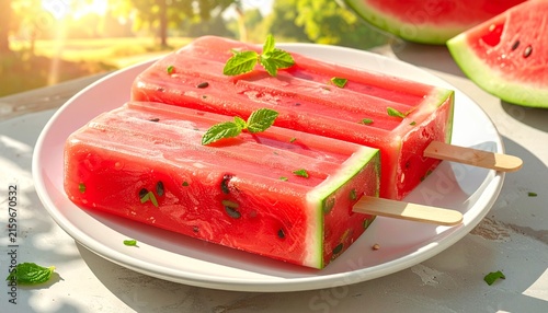 Fresh Watermelon Popsicles on White Plate with Mint Leaves.