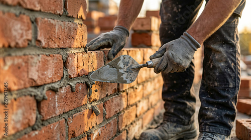 Professional bricklayer building a strong red brick wall with trowel and mortar close-up