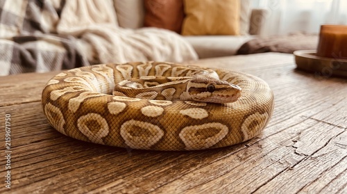 Plakat w ramie Ball python on a wooden table