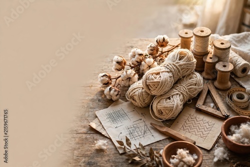 Rustic Yarn, Cotton Bolls, and Twine on Weathered Wood