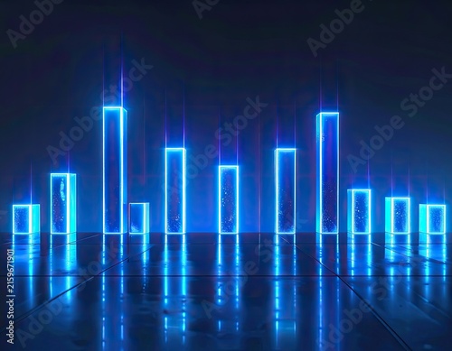 A digital equalizer displays vibrant blue neon bars against a dark background, reflecting on a polished surface.