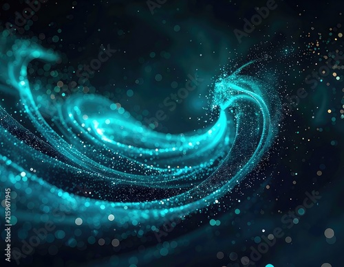 Abstract swirling turquoise light trails with sparkling particles against a dark background.