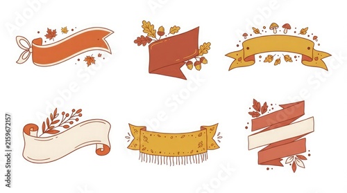 Decorative autumn ribbon banner set featuring hand drawn seasonal foliage leaves acorns and cozy fall harvest style labels for stationery design