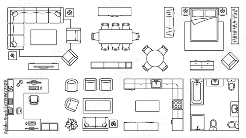 Top view furniture floor plan set with various interior home elements in a clean line art style