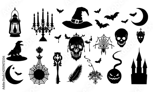 Halloween black silhouettes set, spooky vector symbols and gothic elements collection