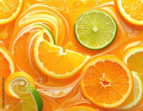 A vibrant overhead shot captures citrus slices swirling in a bright orange liquid.
