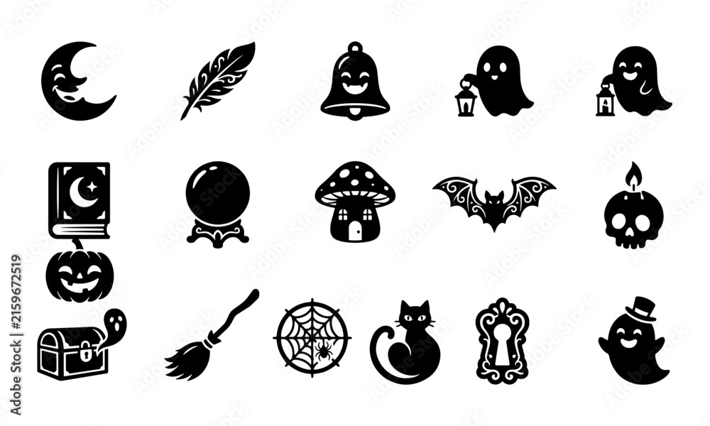 Fototapeta premium Halloween spooky magic and mystical icons set, black vector silhouettes with ghosts, crystal ball, and spell book