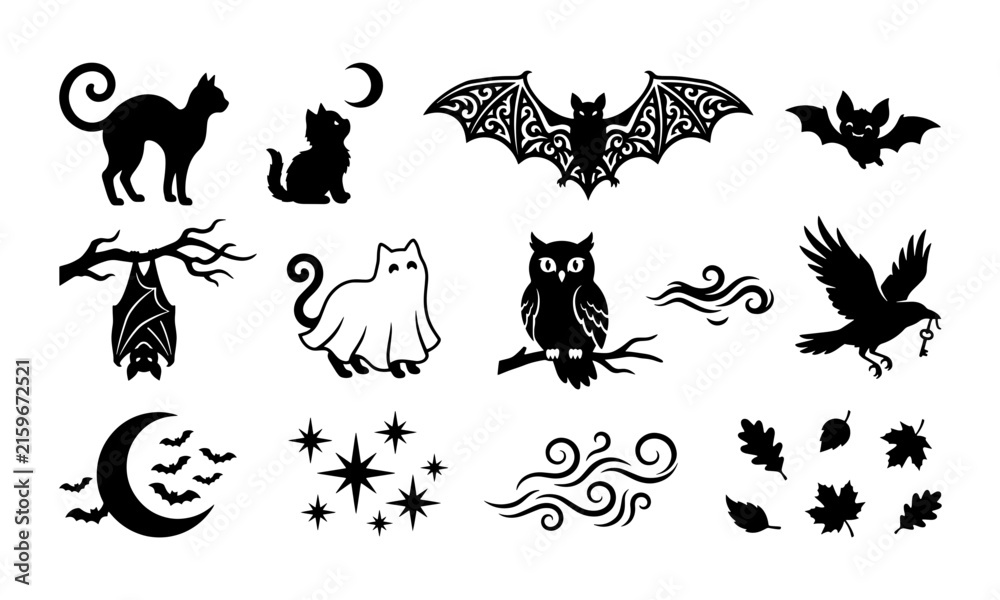 Obraz premium Halloween spooky animals and night symbols collection, black vector silhouettes with cats, bats, owls, and autumn leaves