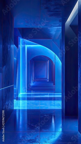 A futuristic hallway with blue neon lights and reflective surfaces.