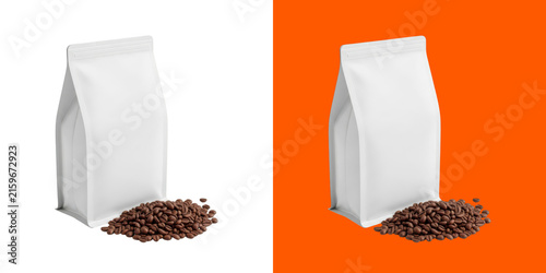 Blank white coffee bag mockup with roasted brown coffee beans pouch template png