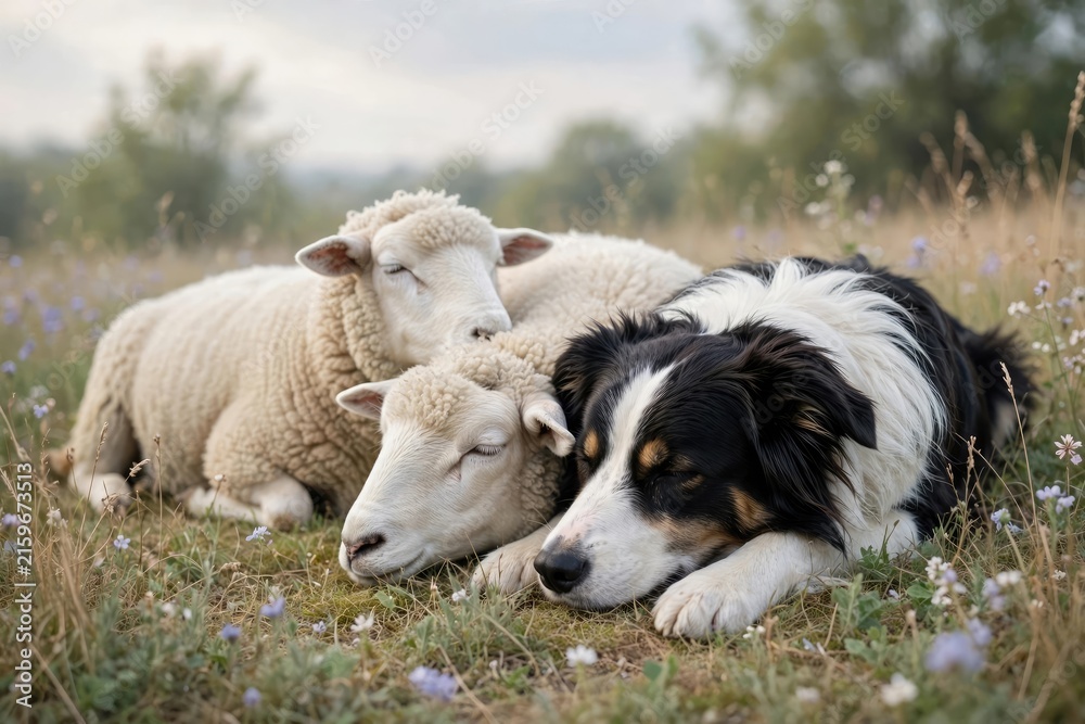 Fototapeta premium Fluffy Sheep Flock Resting in a Green Meadow