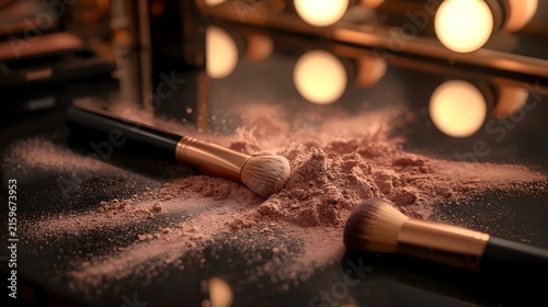 Luxury Loose Face Powder with Professional Makeup Brushes on Glossy Vanity Table with Warm Lights