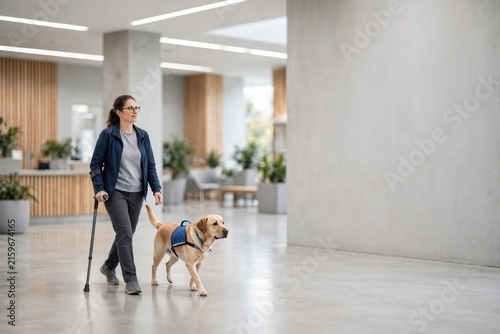 Woman Walking Dog Through Modern Indoor Lobby