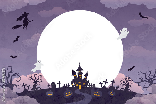 Purple Halloween background with haunted graveyard, black moon, ghosts and flying witch