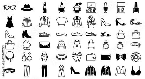 Collection of Fashion Icons Representing Apparel Accessories Footwear Cosmetics and Jewelry for Style Shopping and Personal Presentation Diverse Elements for Visual Content Creation and Online
