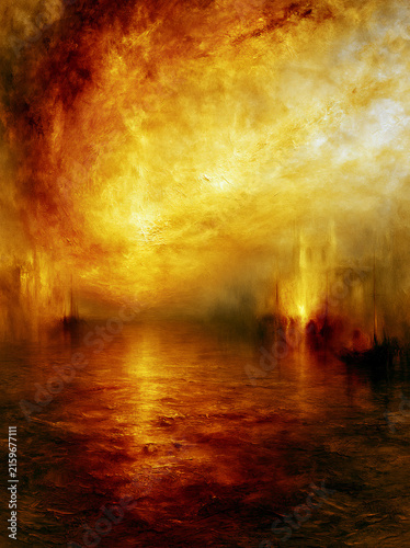 Romanticism oil painting of a coastal landscape dissolving into glowing light and mist