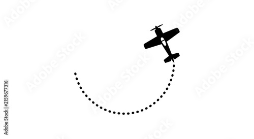 A silhouette of a propeller airplane performing a turn with a dotted line tracing its flight path against a bright expanse suggesting aerial maneuverability and aviation exploration with a