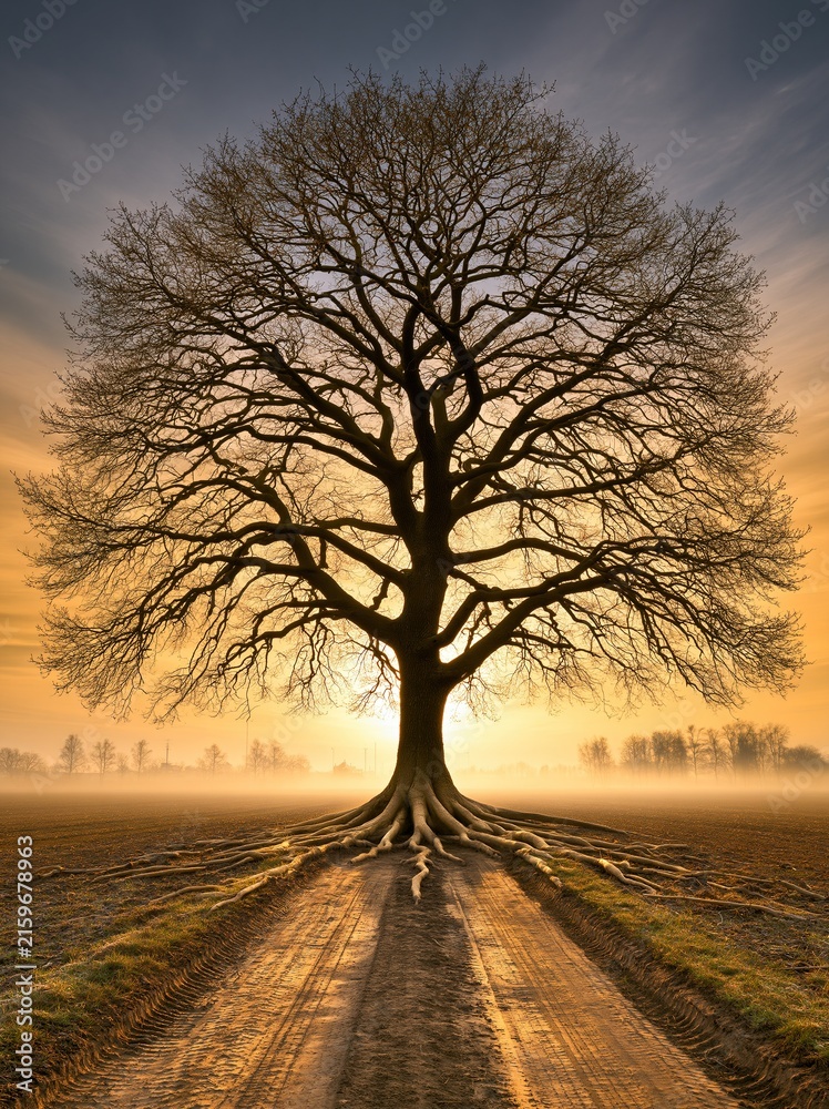 Naklejka premium Majestic large leafless oak tree with exposed roots spreading across dirt road standing in open misty field during warm golden sunrise