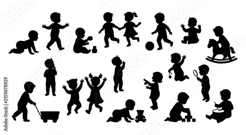 Collection of Diverse Silhouettes Depicting Young Children Engaged in Various Playful Activities Representing Childhood Development and Growth Through Active Engagement With Toys and Social