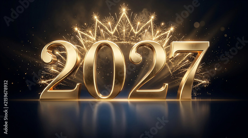 Happy New Year 2027 Luxury Celebration Background with Golden Fireworks and Sparkles Template Design.
