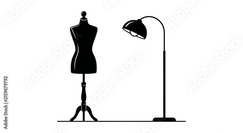 A professional dress form mannequin stands beside a sleek floor lamp illuminated by its light in a creative workspace symbolizing fashion design and crafting artistic apparel for garment