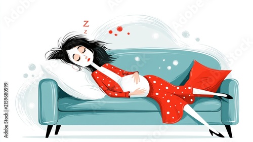 Woman rests on a sofa with a pregnant belly.