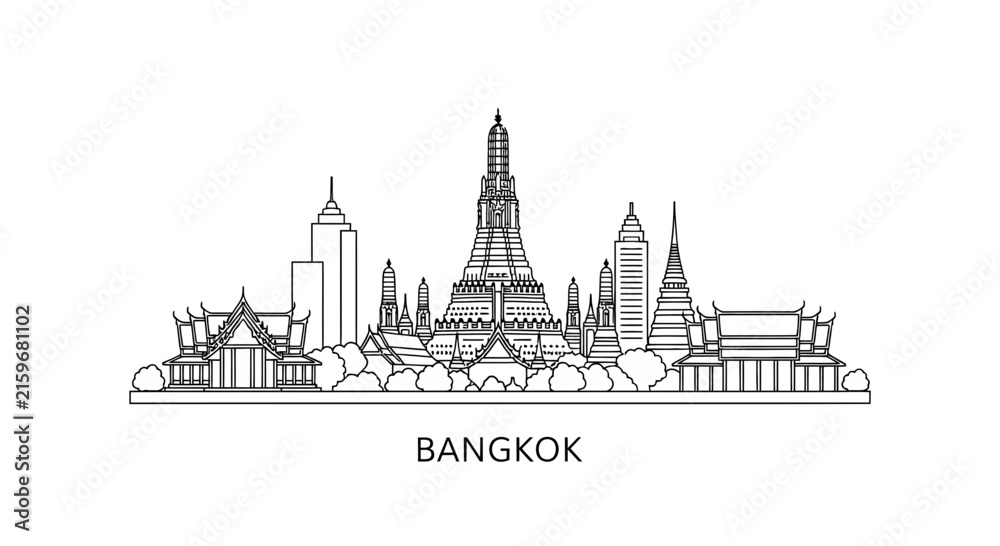 Fototapeta premium Bangkok Skyline Silhouette - Famous Landmarks, Travel & Architecture Line Art