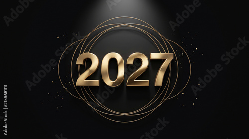 Happy New Year 2027 Luxury Celebration Background with Golden Fireworks and Sparkles Template Design.
