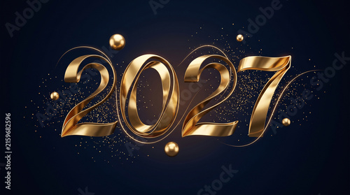 Happy New Year 2027 Luxury Celebration Background with Golden Fireworks and Sparkles Template Design.
